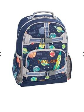 Small Pottery Barn Kids Space Print Backpack in Navy with Multicolor Planets